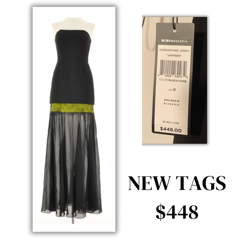 ♦️ NWT BCBG MaxAzria Jamysen Maxi Strapless Formal Dress - Gown Neon Chiffon